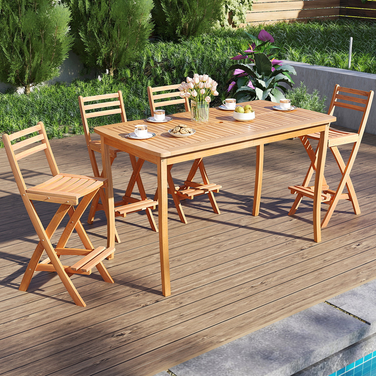 Acacia Wood Bar Height Chair with Backrest and Footrest for Backyard-Set of 1/2/4