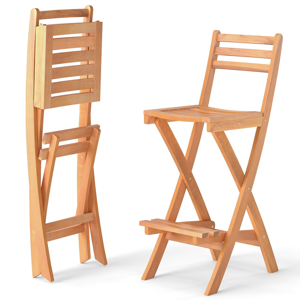 Acacia Wood Bar Height Chair with Backrest and Footrest for Backyard-Set of 1/2/4