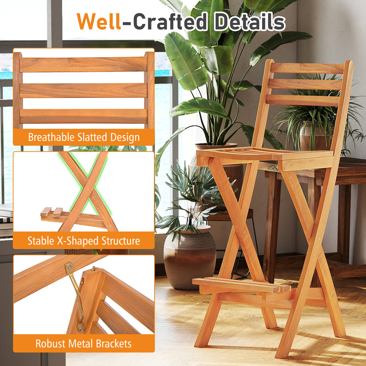 Acacia Wood Bar Height Chair with Backrest and Footrest for Backyard-Set of 1/2/4