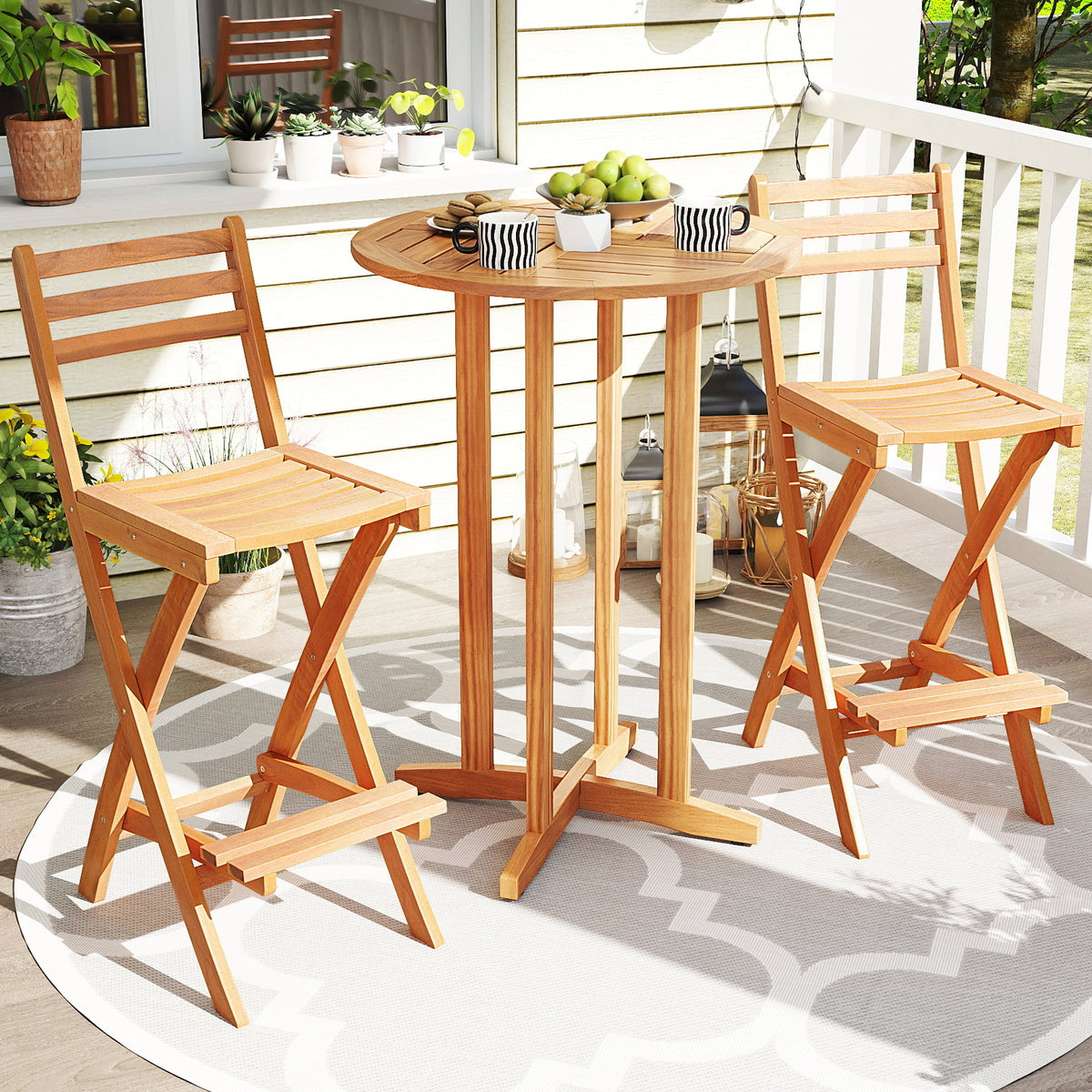 Acacia Wood Bar Height Chair with Backrest and Footrest for Backyard-Set of 1/2/4