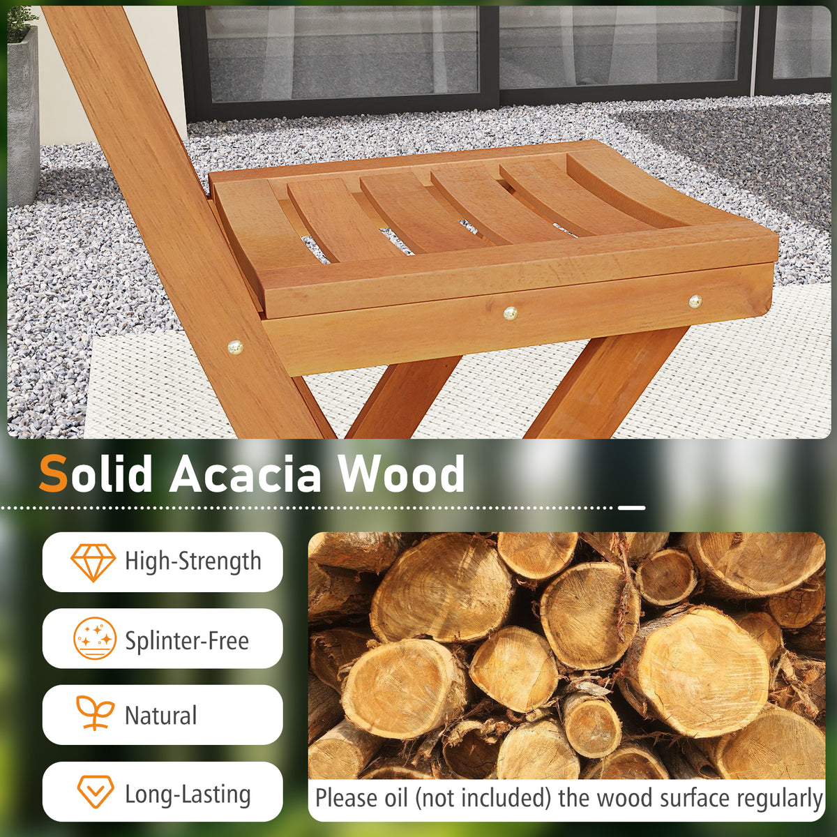 Acacia Wood Bar Height Chair with Backrest and Footrest for Backyard-Set of 1/2/4