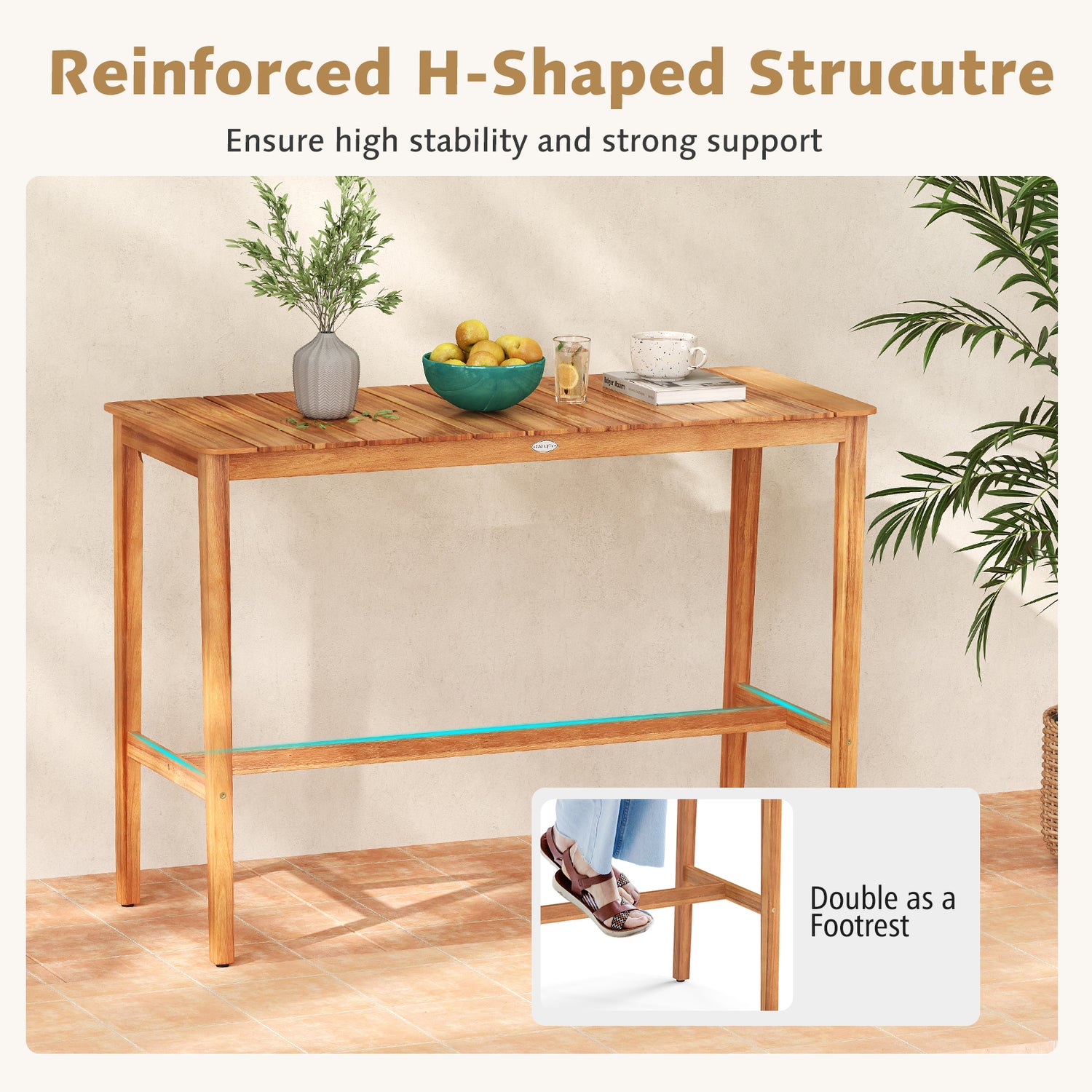 Acacia Wood Counter Height Table with Slatted Tabletop and Footrest Crossbar
