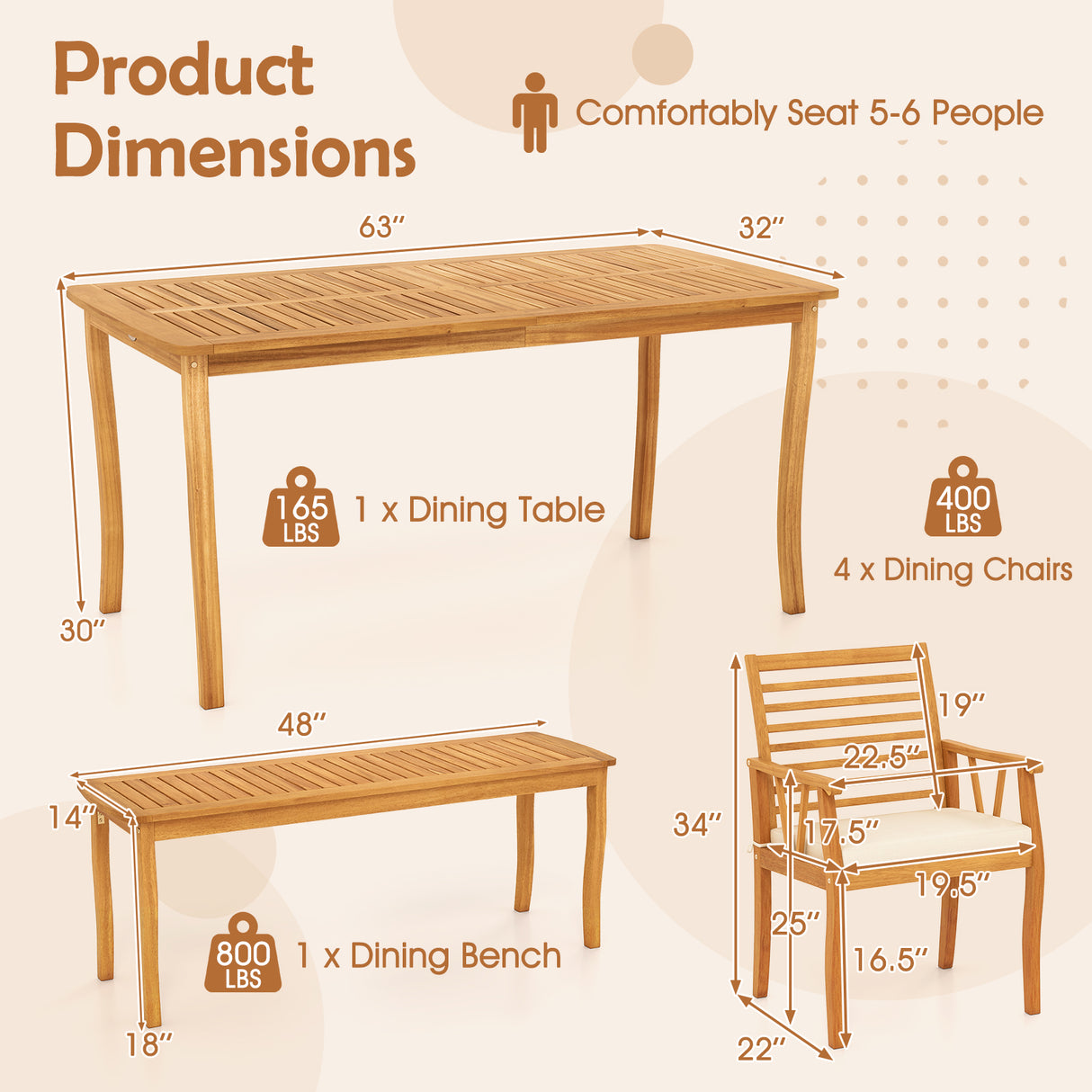 Acacia Wood Outdoor Table and Bench Chairs Set with 1.97 Inch Umbrella Hole