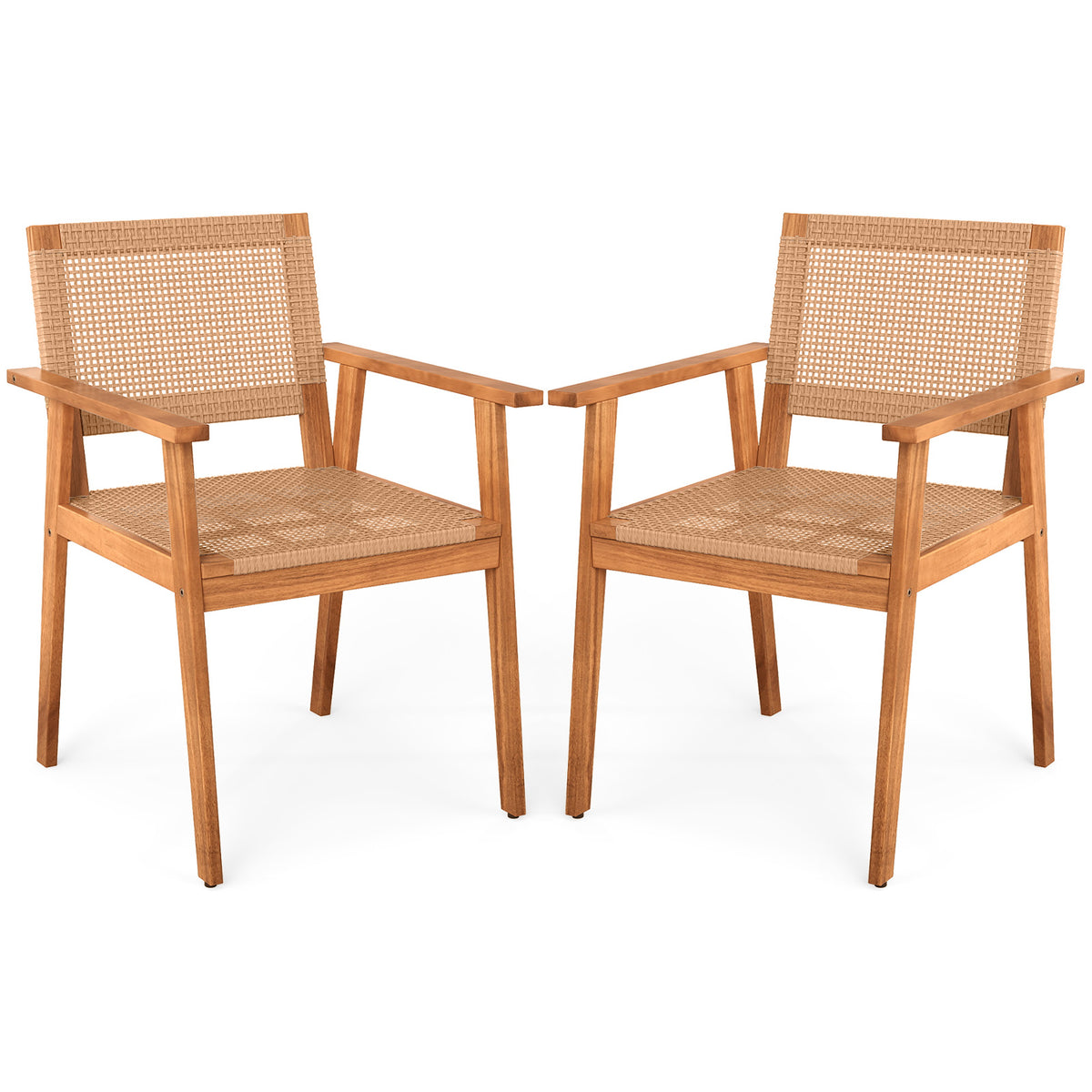 Acacia Wood Outdoor Dining Chairs Set of 2 PE Rattan Patio Chairs with Backrests and Armrests