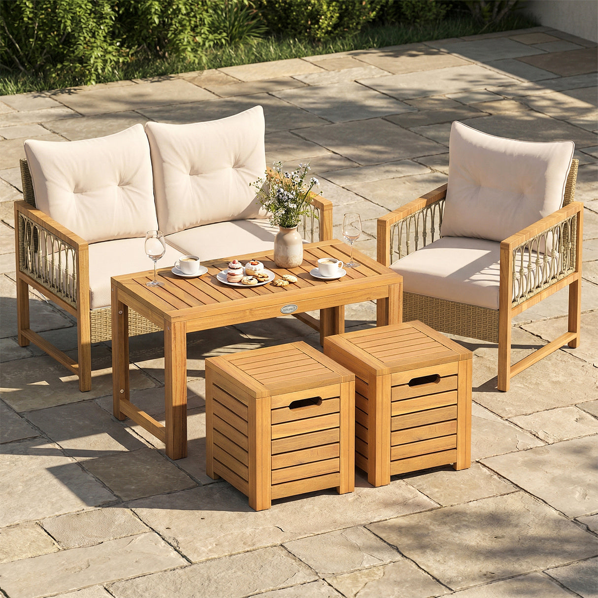 Acacia Wood Outdoor Coffee Table with Stools Set of 2 3 Pieces Patio Table and Stools Set