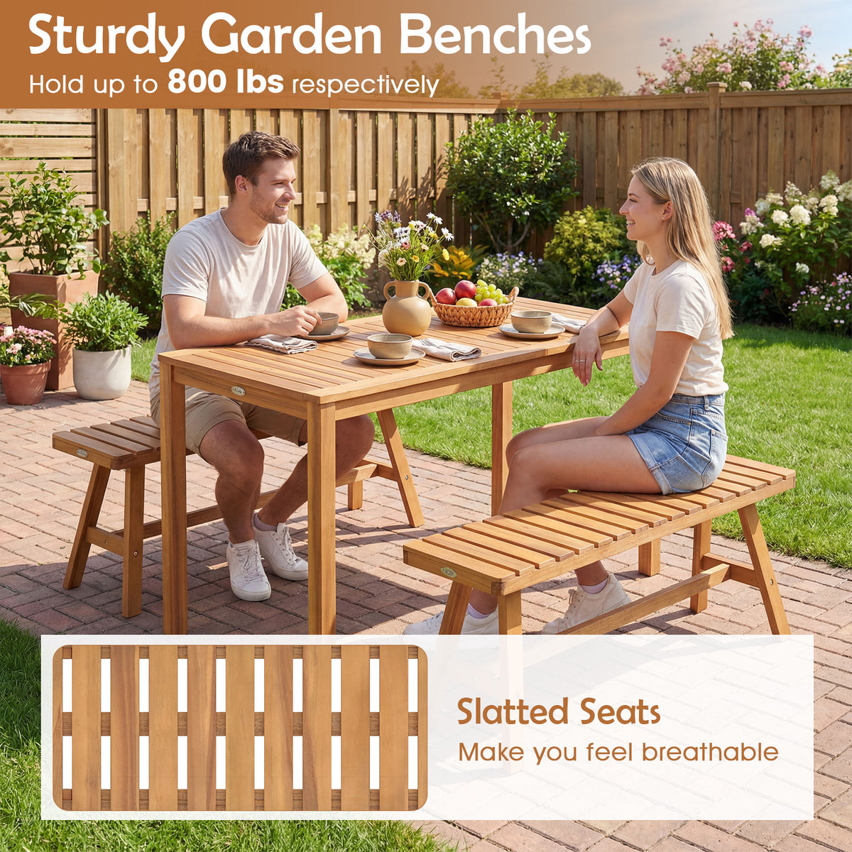 Acacia Wood Outdoor Garden Bench Set of 1/2 with Slatted Seat and 800 lbs Capacity-Set of 1/2