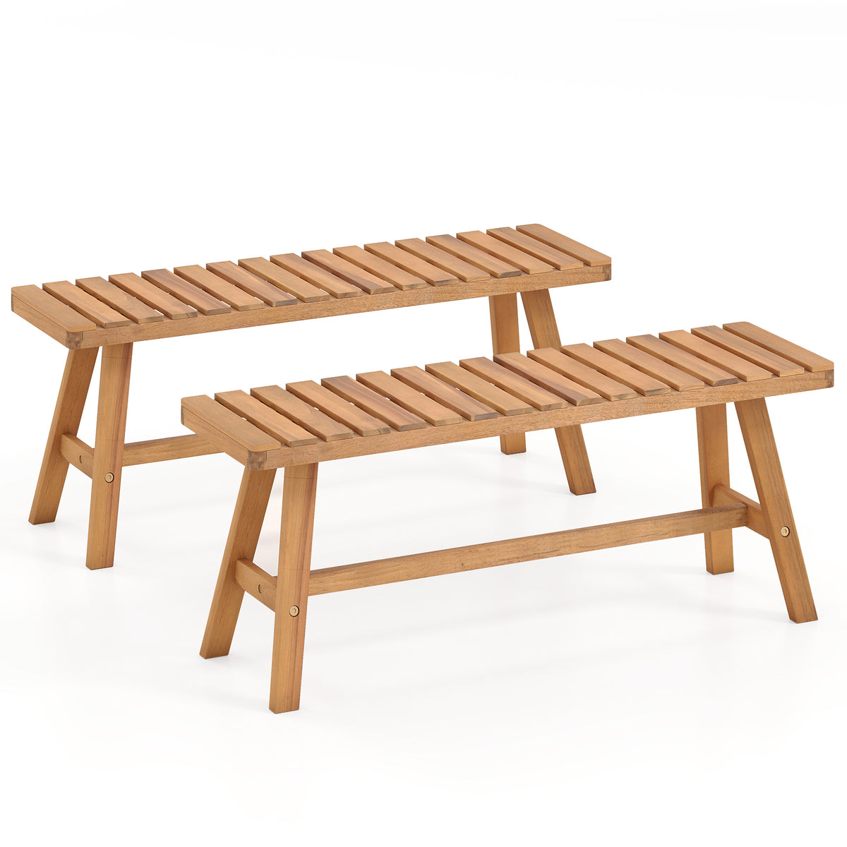 Acacia Wood Outdoor Garden Bench Set of 1/2 with Slatted Seat and 800 lbs Capacity-Set of 1/2