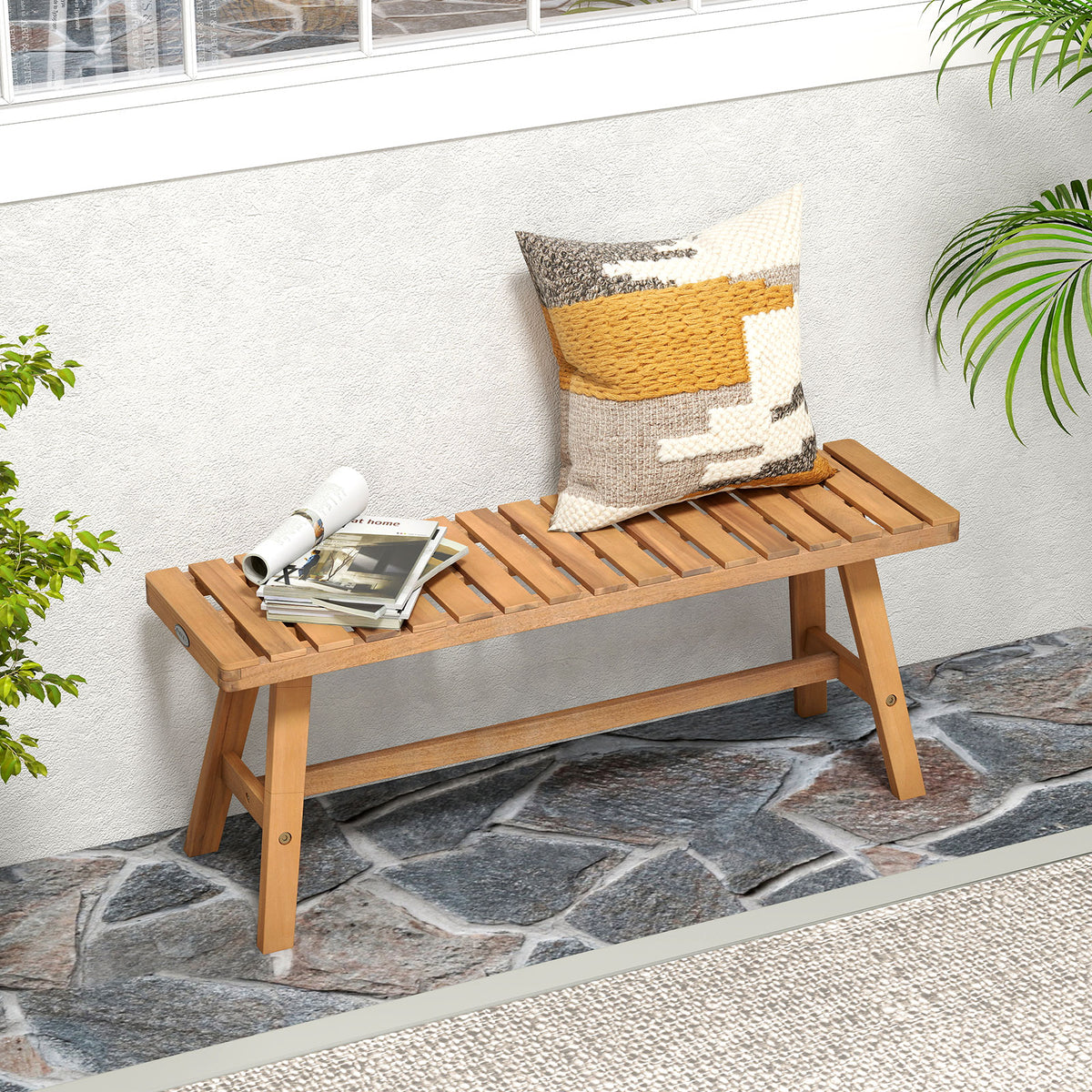 Acacia Wood Outdoor Garden Bench Set of 1/2 with Slatted Seat and 800 lbs Capacity-Set of 1/2