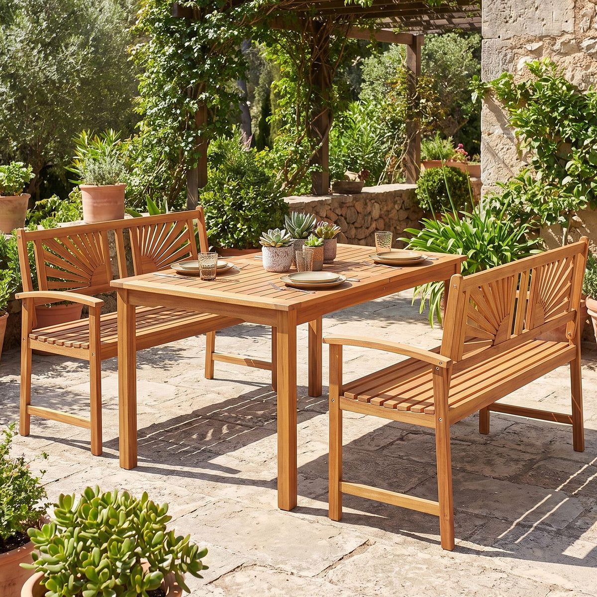 2-Person Acacia Wood Outdoor Garden Bench with Sunburst Back and Curved Armrests