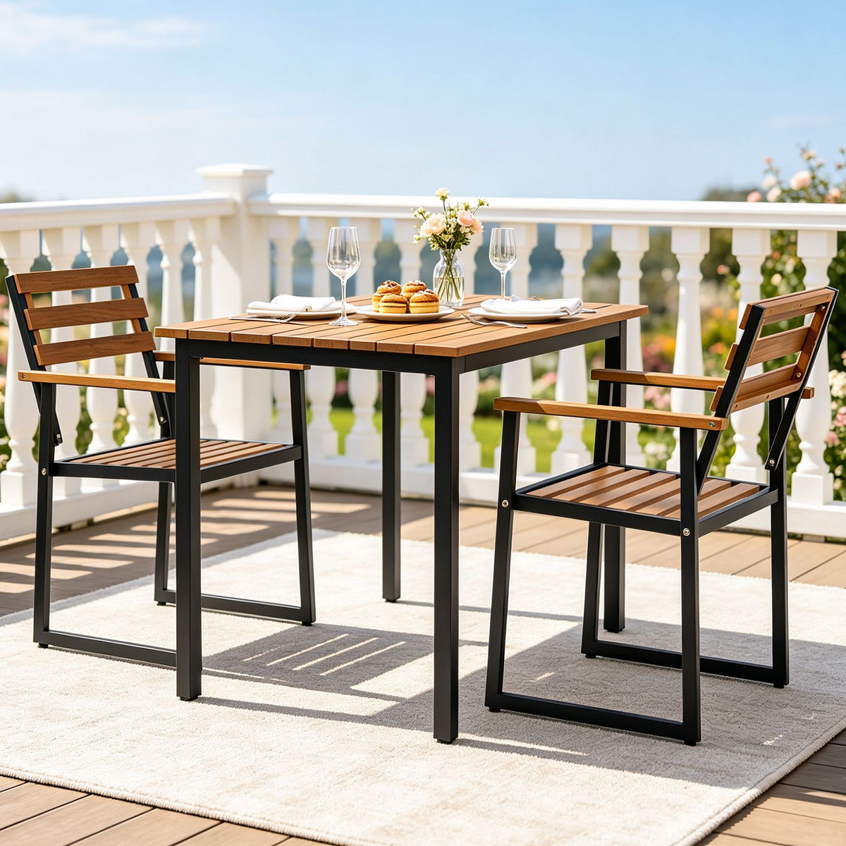 Set of 3 Acacia Wood Outdoor Dining Chairs with Wooden Backrest-Set of 3