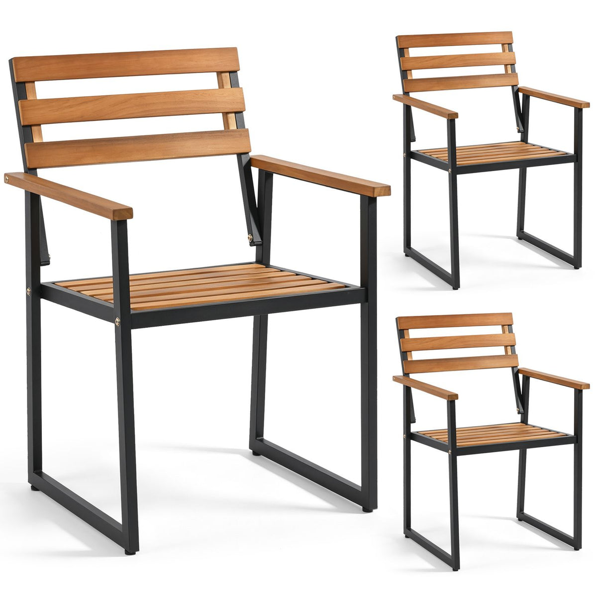 Set of 3 Acacia Wood Outdoor Dining Chairs with Wooden Backrest-Set of 3