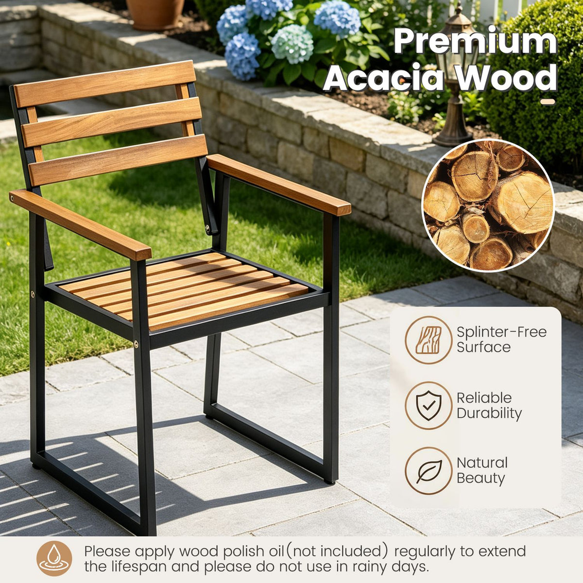 Set of 3 Acacia Wood Outdoor Dining Chairs with Wooden Backrest-Set of 3