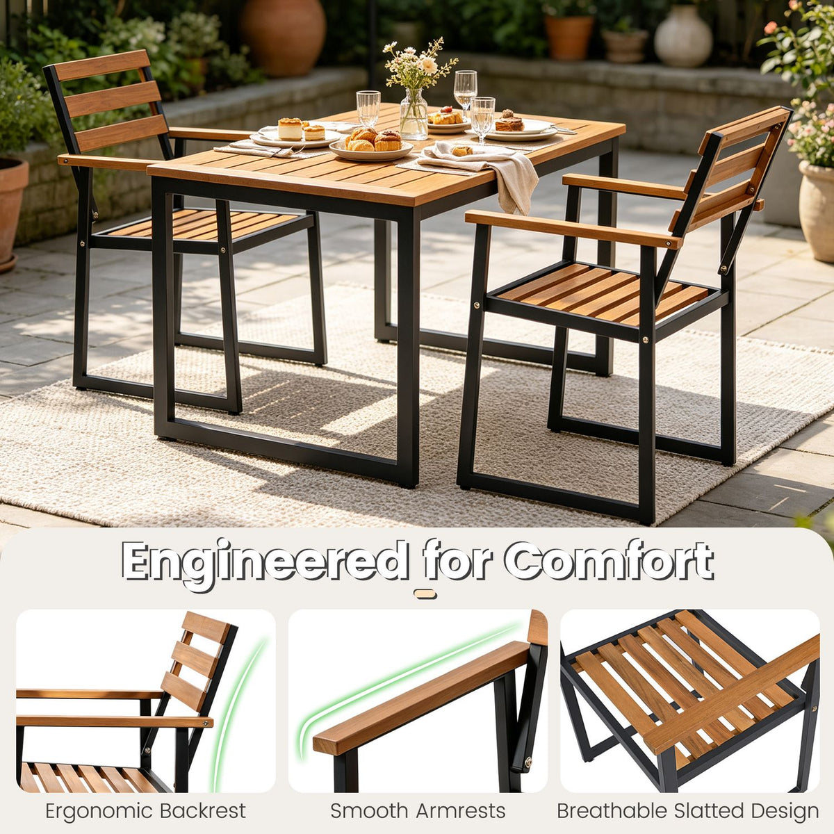 Set of 3 Acacia Wood Outdoor Dining Chairs with Wooden Backrest-Set of 3