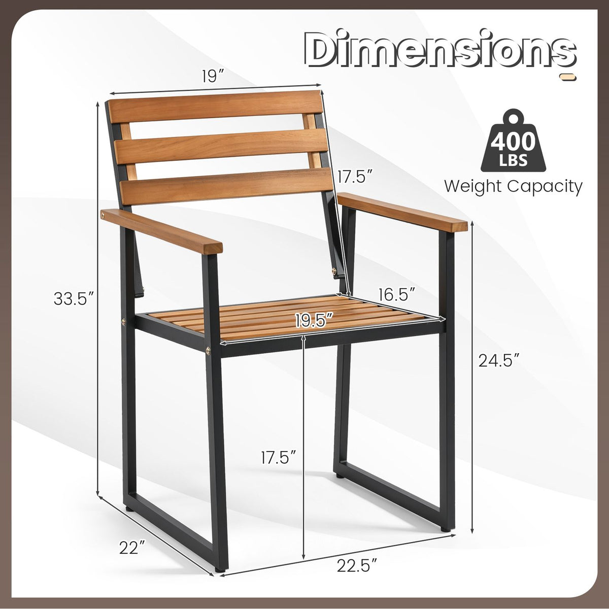 Set of 3 Acacia Wood Outdoor Dining Chairs with Wooden Backrest-Set of 3