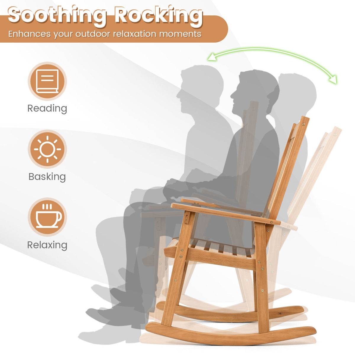 Acacia Wood Oversized Rocking Chair with High Back and Armrests for Outdoor-Natural