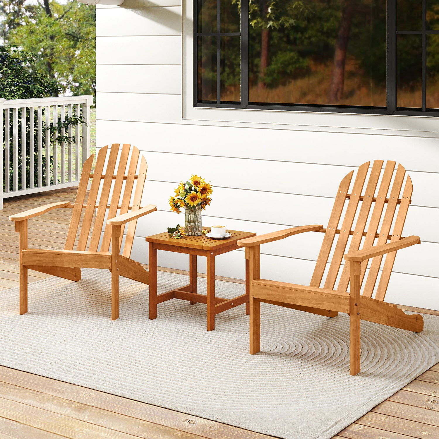 Acacia Wood Patio Adirondack Chair with Inclined Seat and High Backrest for Porch Poolside-Natural