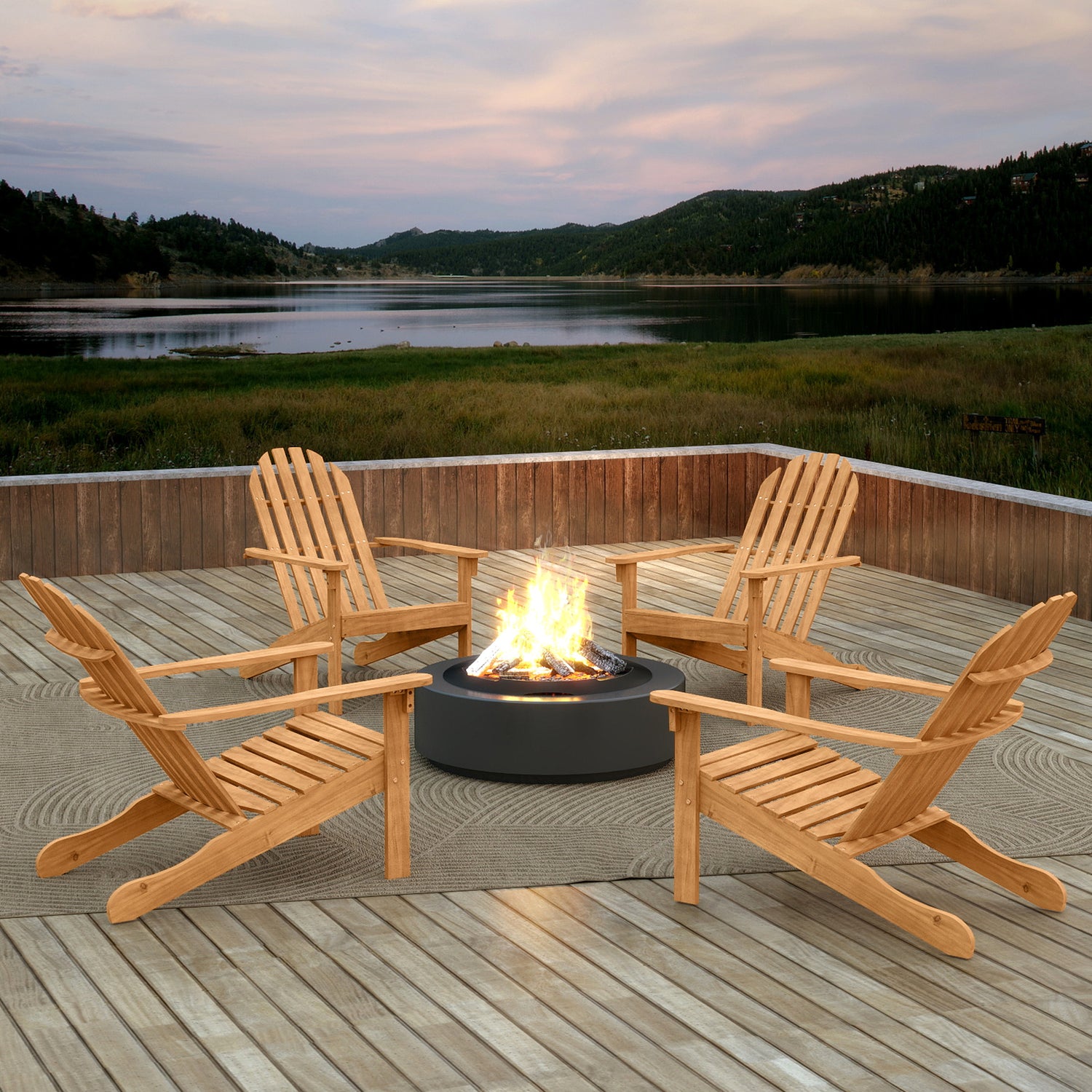 Acacia Wood Patio Adirondack Chair with Inclined Seat and High Backrest for Porch Poolside-Natural