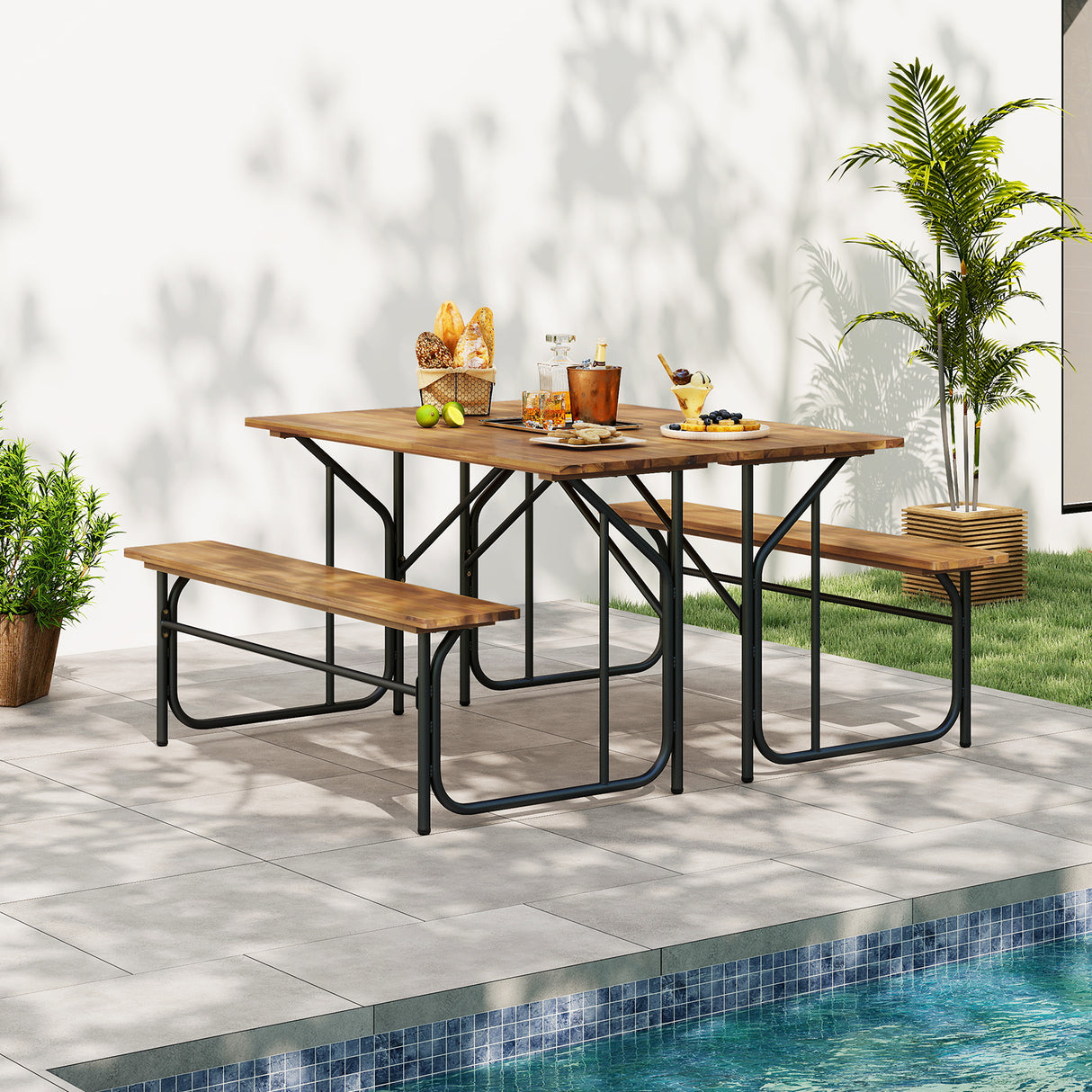 Acacia Wood Patio Table Bench for 2 People One-Side Picnic Table