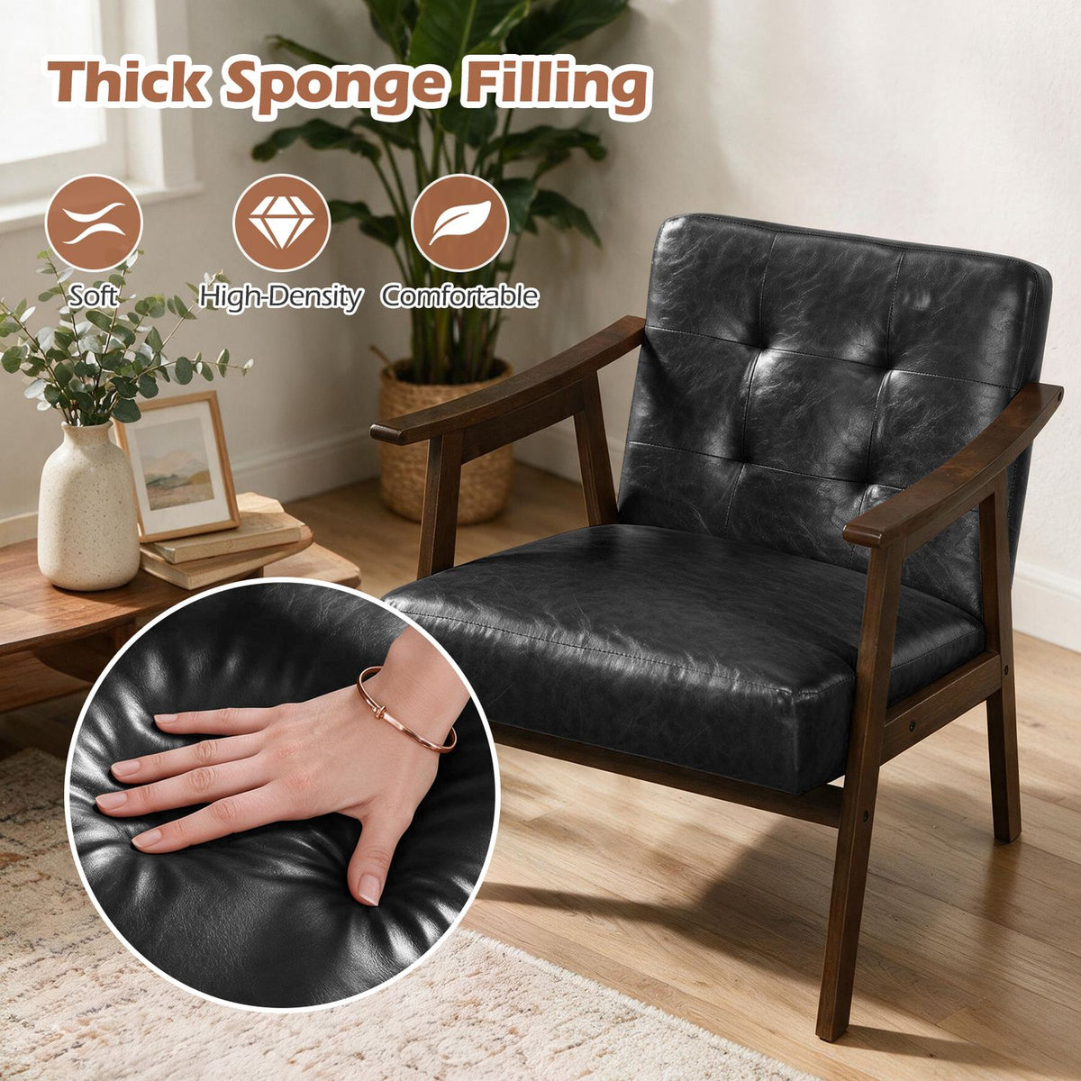 Accent Chair with Inclined Backrest Faux Leather and Soft Cushion for Living Room