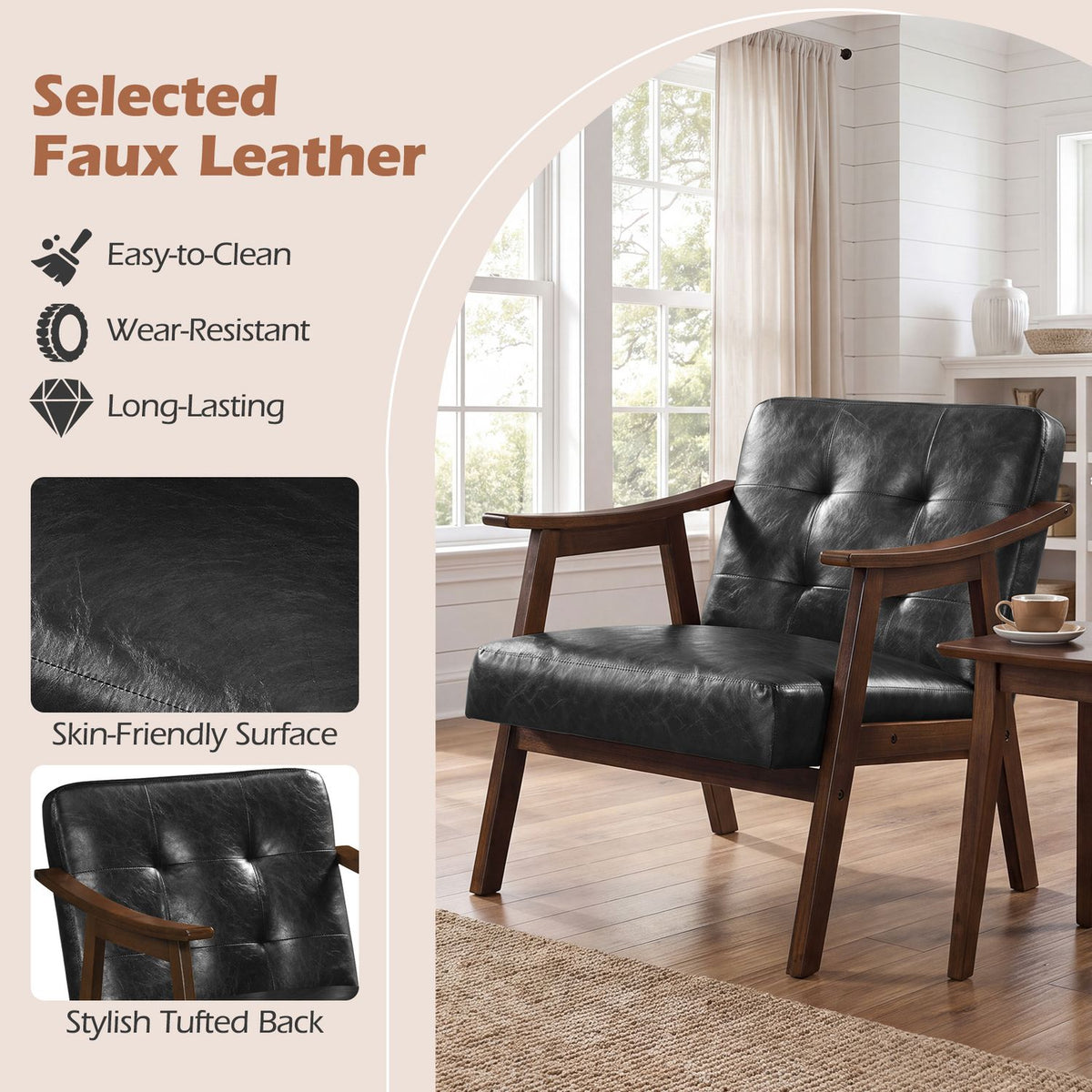 Accent Chair with Inclined Backrest Faux Leather and Soft Cushion for Living Room