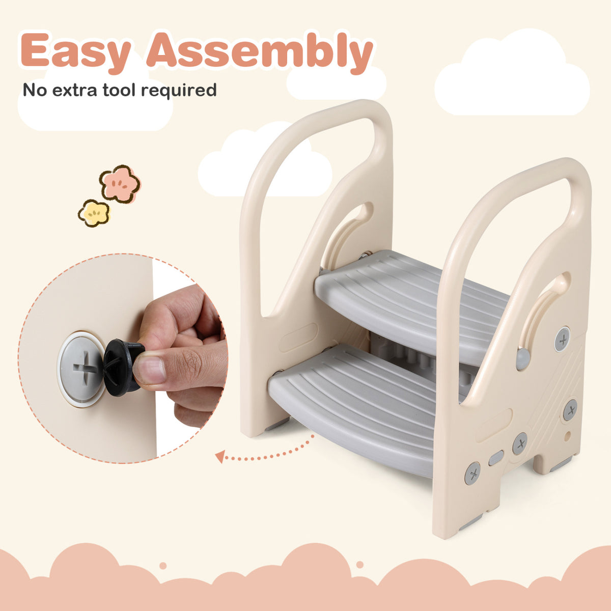 Adjustable 2-Step Kids Helper Stool with Safety Handles and Non-slip Pads for Bedroom-Gray