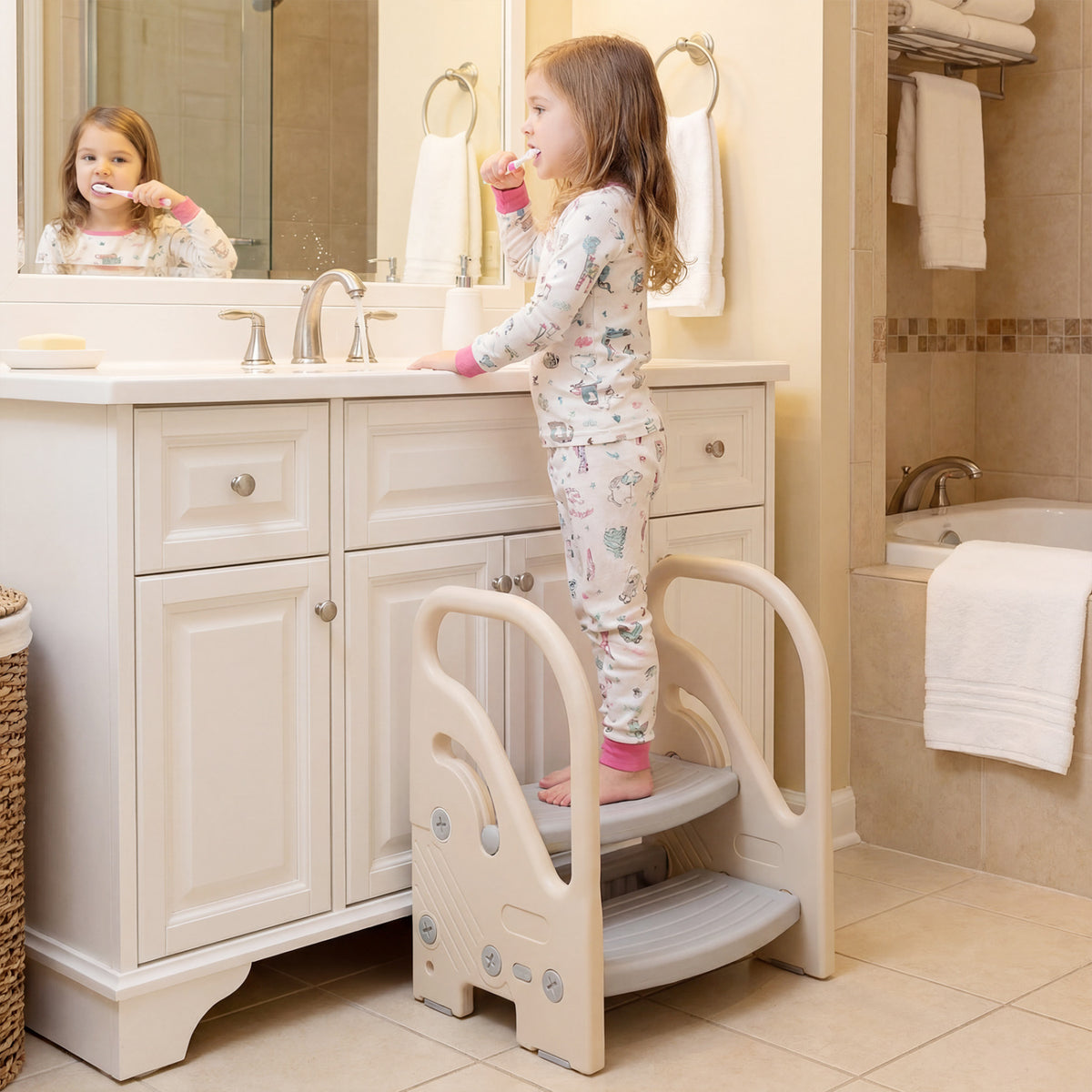 Adjustable 2-Step Kids Helper Stool with Safety Handles and Non-slip Pads for Bedroom-Gray