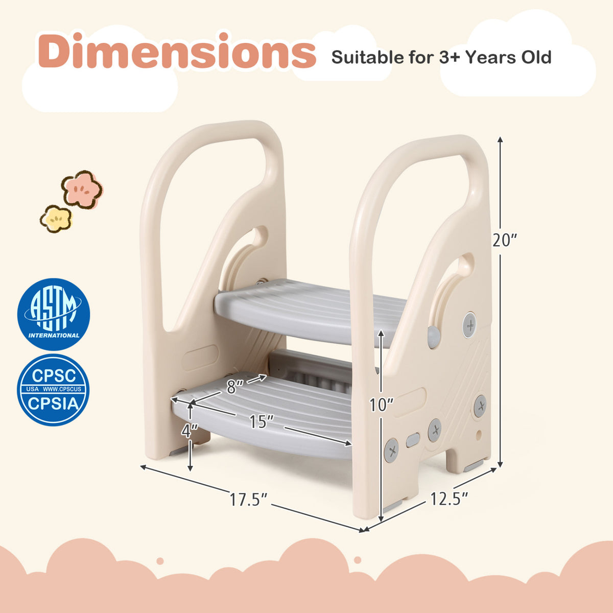 Adjustable 2-Step Kids Helper Stool with Safety Handles and Non-slip Pads for Bedroom-Gray