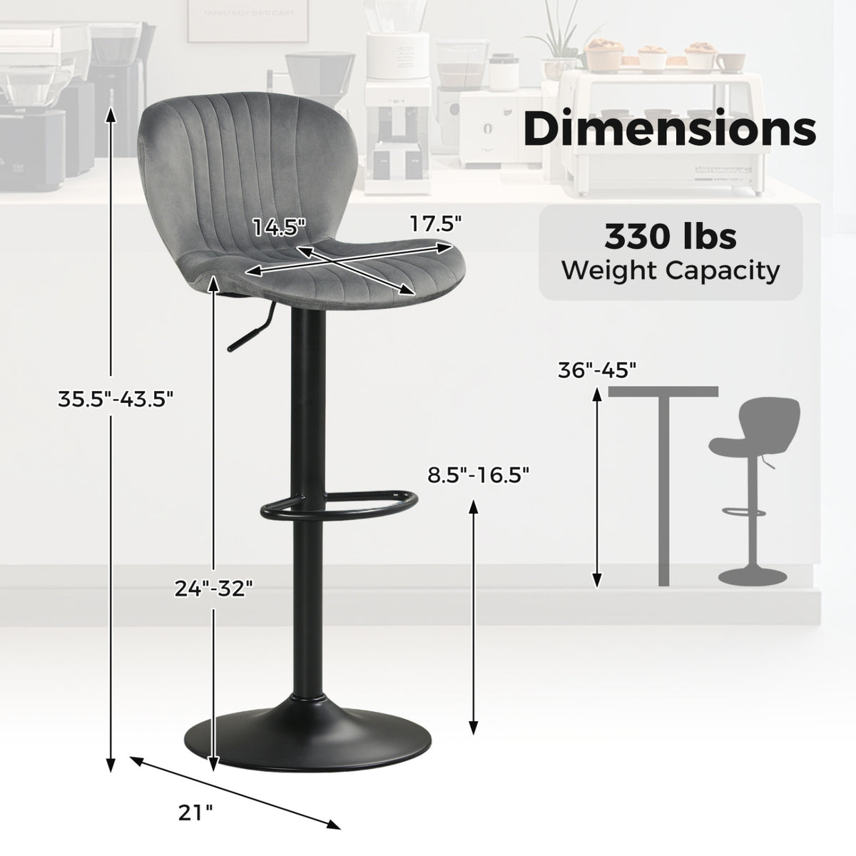 Adjustable Counter Height Chairs Set of 2 with Velvet Upholstered Backrests