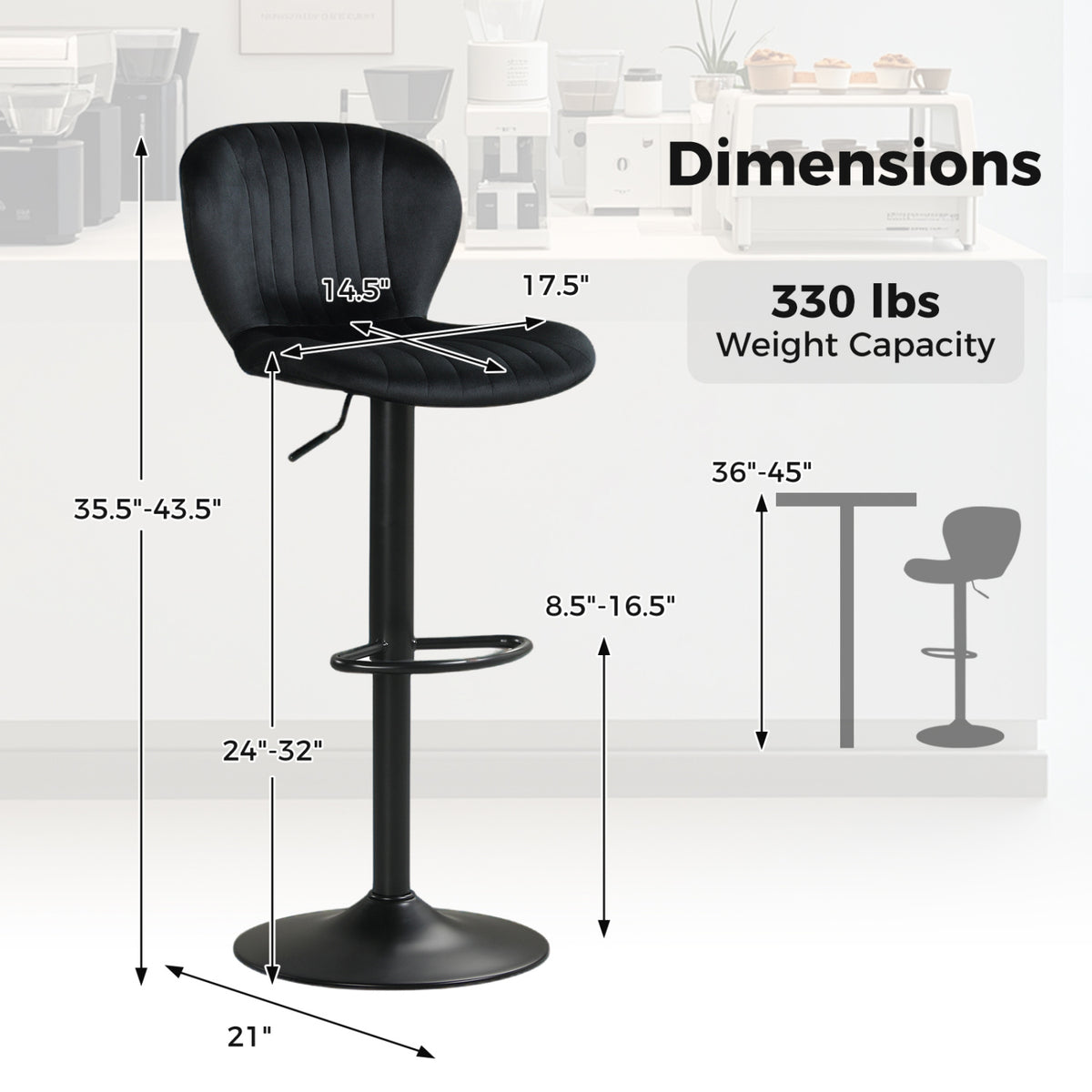 Adjustable Counter Height Chairs Set of 2 with Velvet Upholstered Backrests
