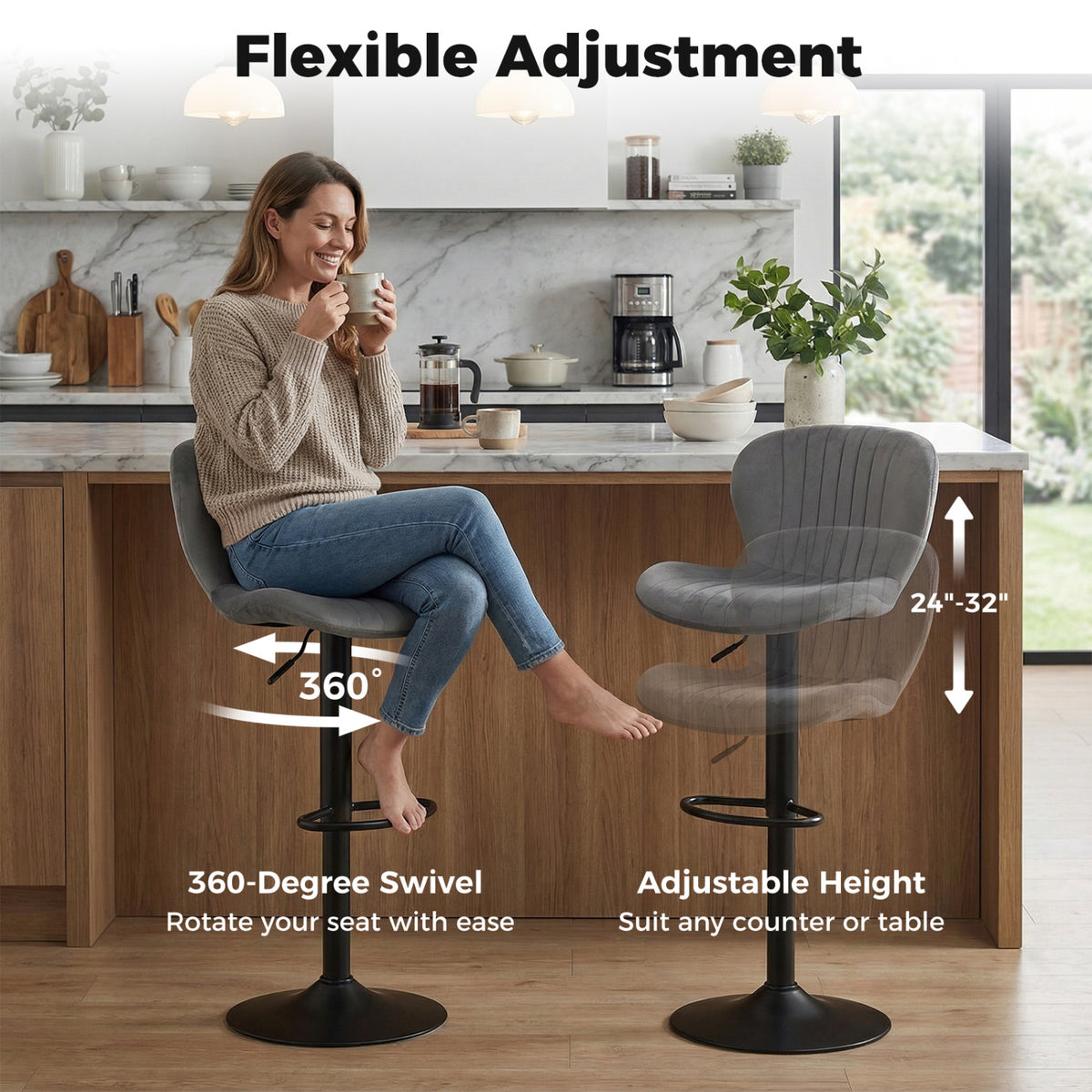 Adjustable Counter Height Chairs Set of 4 with Velvet Upholstered Backrests