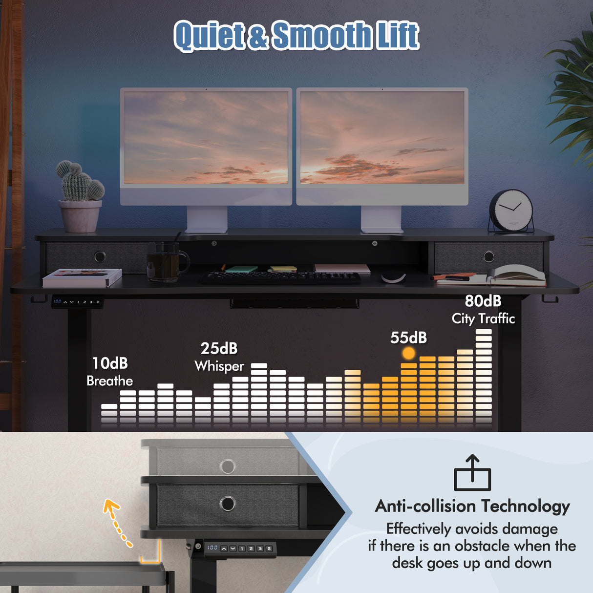 55 Inch x 24 Inch Height Adjustable Electric Standing Desk with 2 Drawers