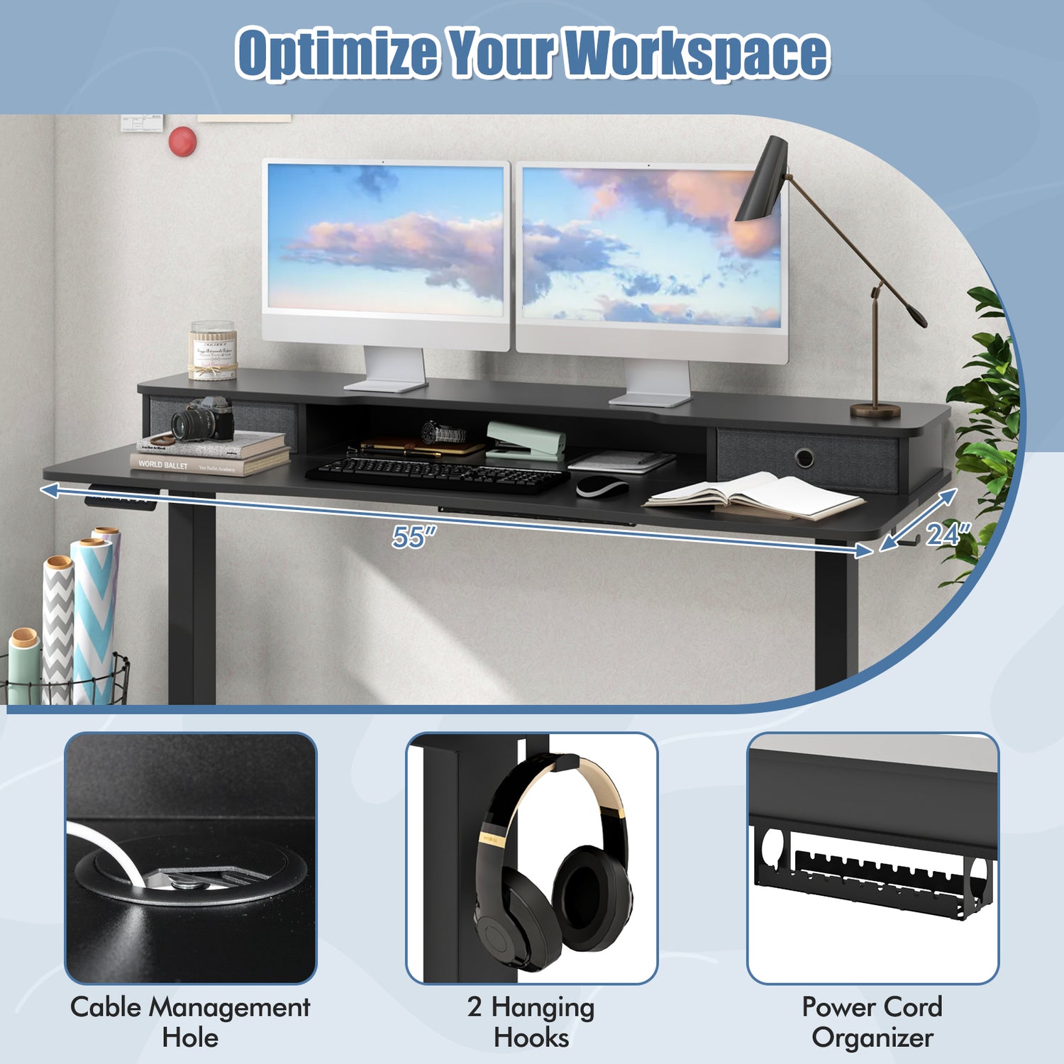 55 Inch x 24 Inch Height Adjustable Electric Standing Desk with 2 Drawers