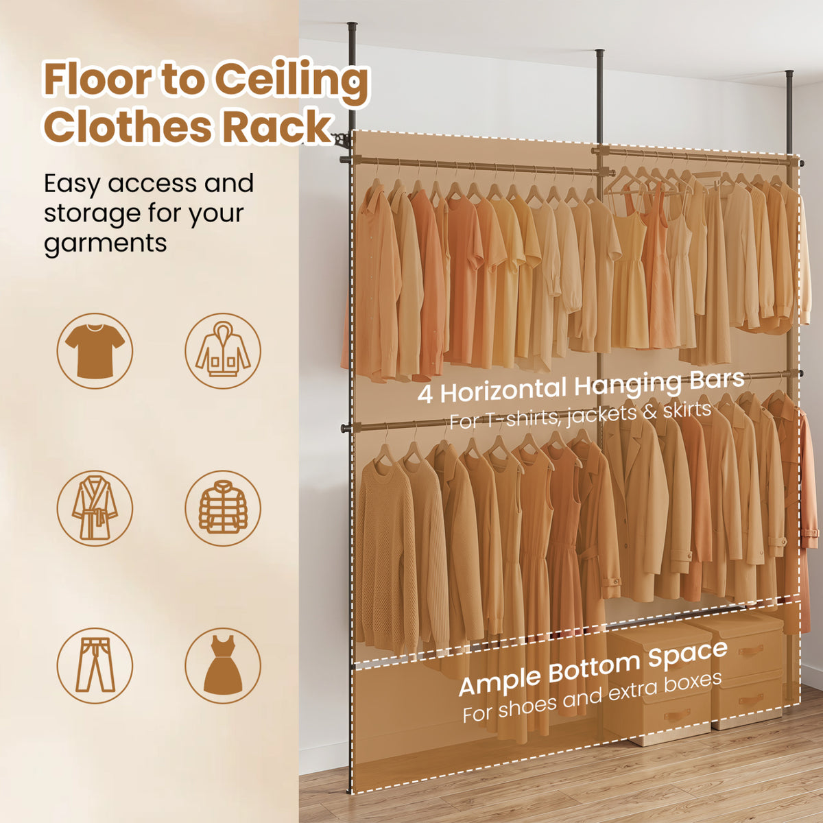 Adjustable Floor to Ceiling Clothes Rack with 4 Hanging Rods-Black