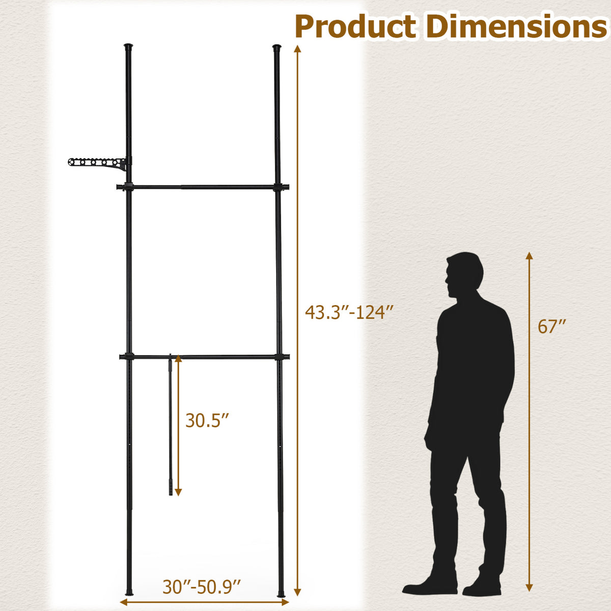 Adjustable Floor to Ceiling Clothes Rack with 2 Hanging Rods-Black