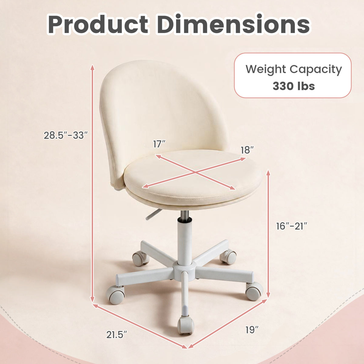 Adjustable Height Ergonomic Makeup Chair with Lumbar Support for Home Office
