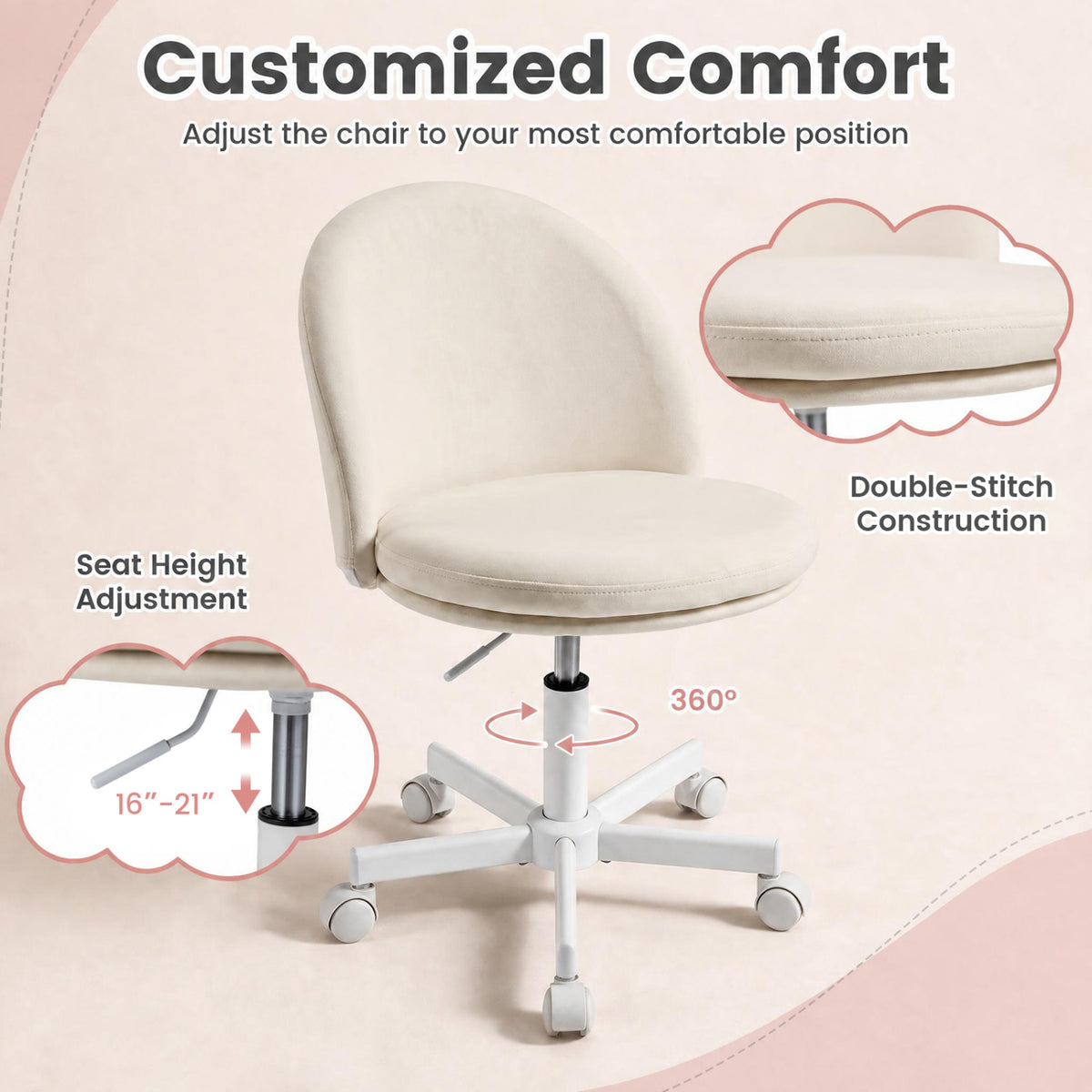 Adjustable Height Ergonomic Makeup Chair with Lumbar Support for Home Office