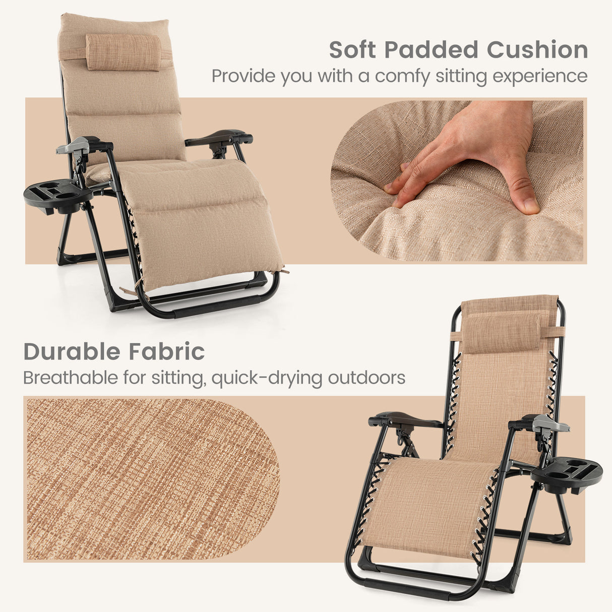Adjustable Metal Zero Gravity Lounge Chair with Removable Cushion and Cup Holder Tray