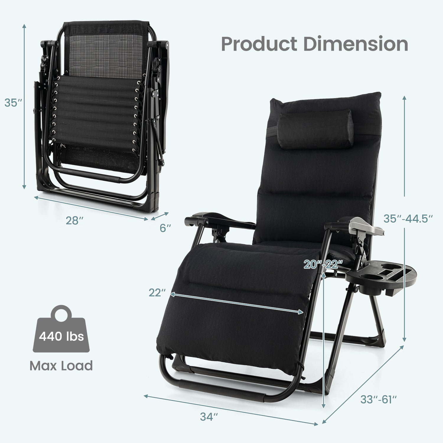 Adjustable Metal Zero Gravity Lounge Chair with Removable Cushion and Cup Holder Tray