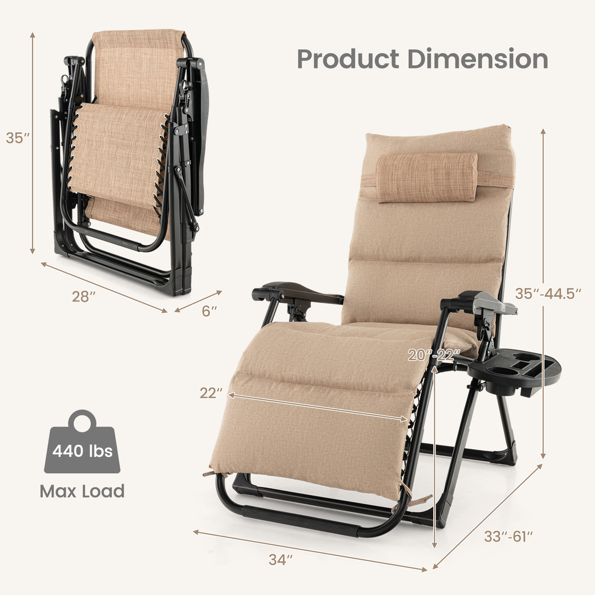 Adjustable Metal Zero Gravity Lounge Chair with Removable Cushion and Cup Holder Tray
