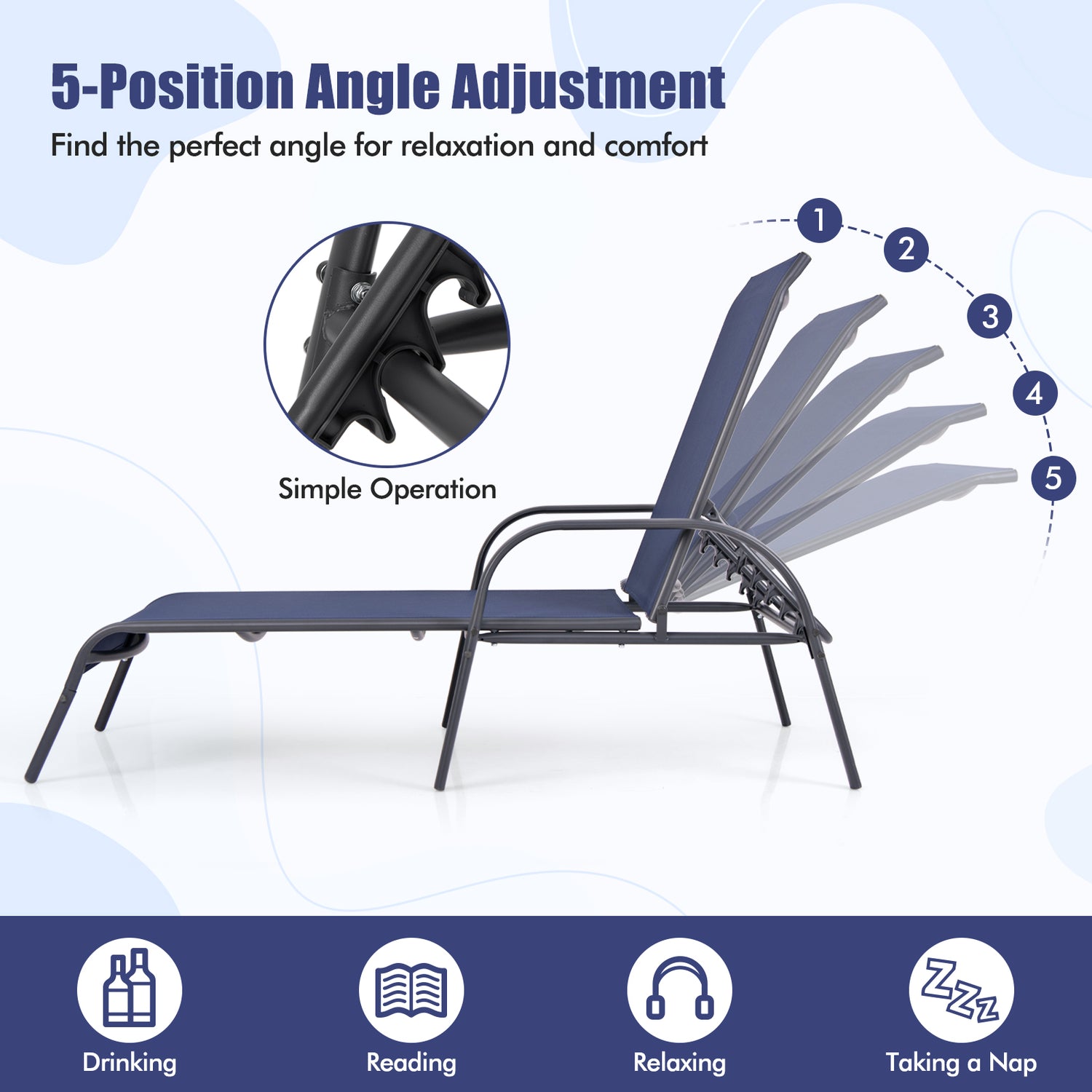 Adjustable Patio Chaise Folding Lounge Chair with Backrest