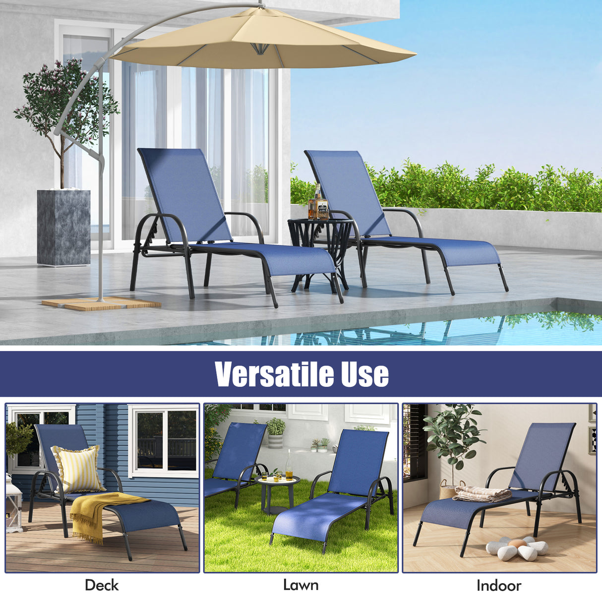 Adjustable Patio Chaise Folding Lounge Chair with Backrest