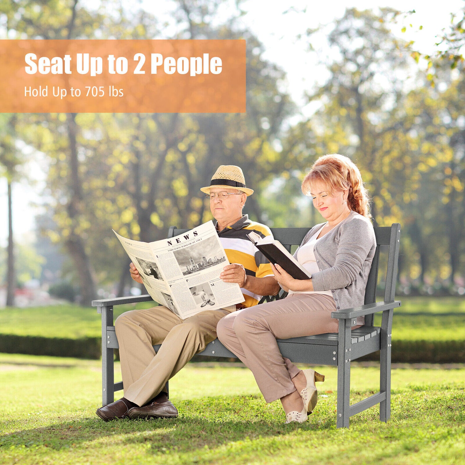 52 Inch All-Weather HDPE Outdoor Bench with Backrest and Armrests