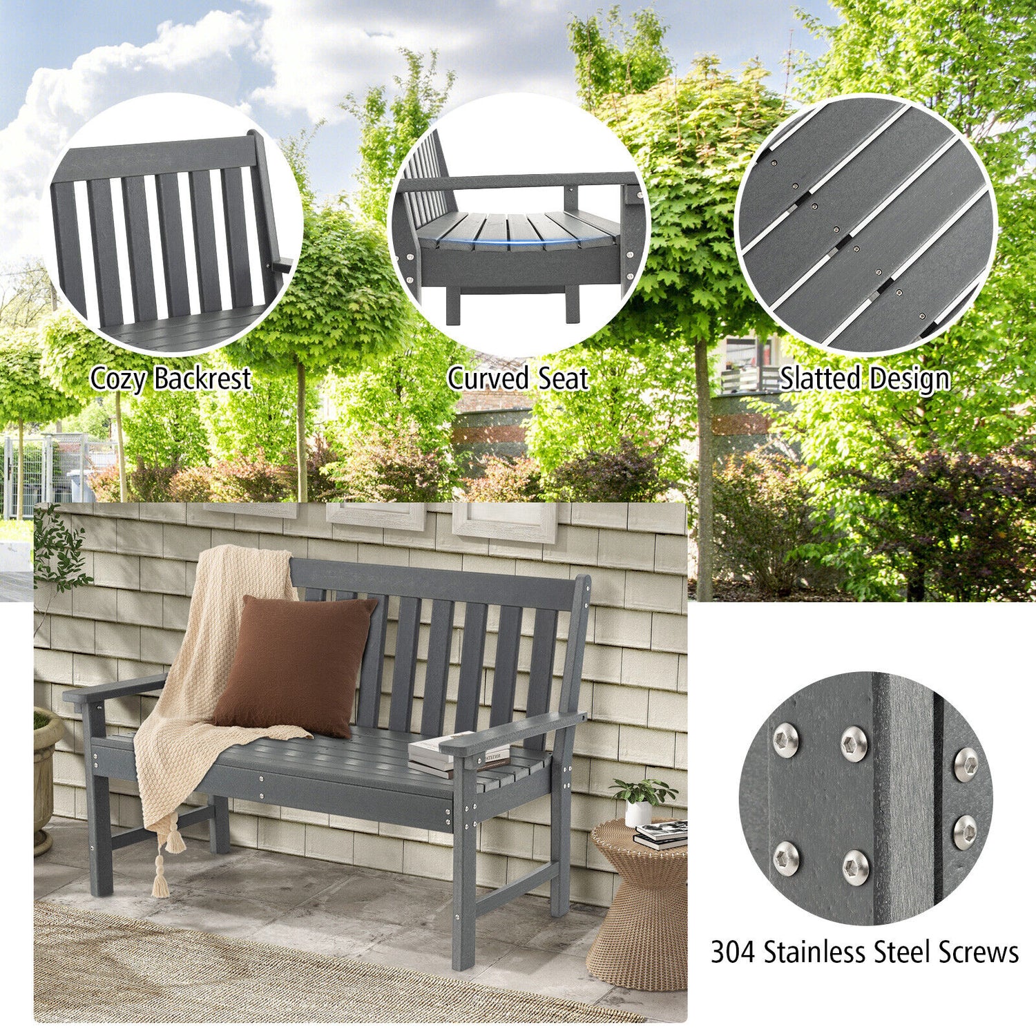 52 Inch All-Weather HDPE Outdoor Bench with Backrest and Armrests