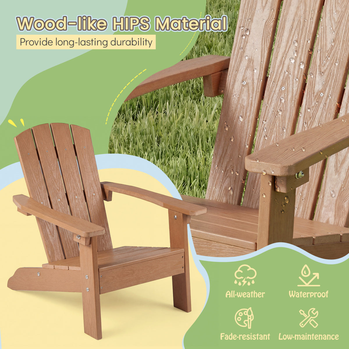 All-Weather HIPS/HDPE Kid's Adirondack Chair with with High Backrest and Armrests