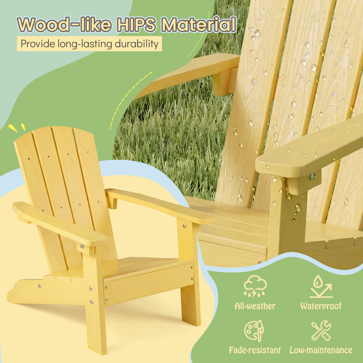 All-Weather HIPS/HDPE Kid's Adirondack Chair with with High Backrest and Armrests