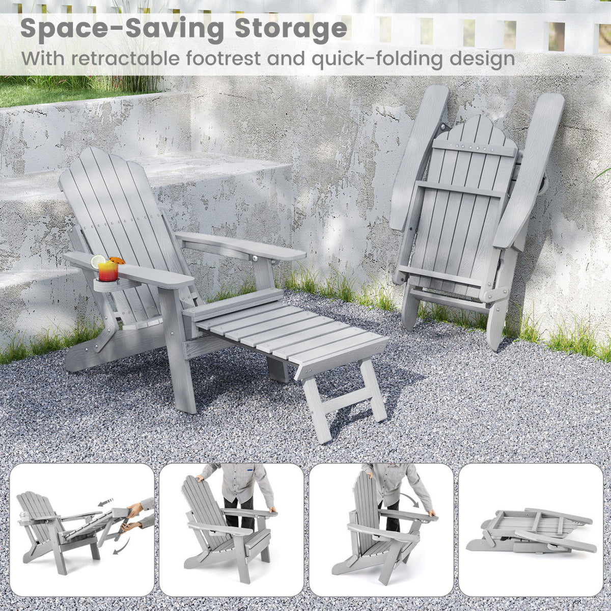 All-Weather HIPS Patio Adirondack Lounge Chair with Retractable Footrest