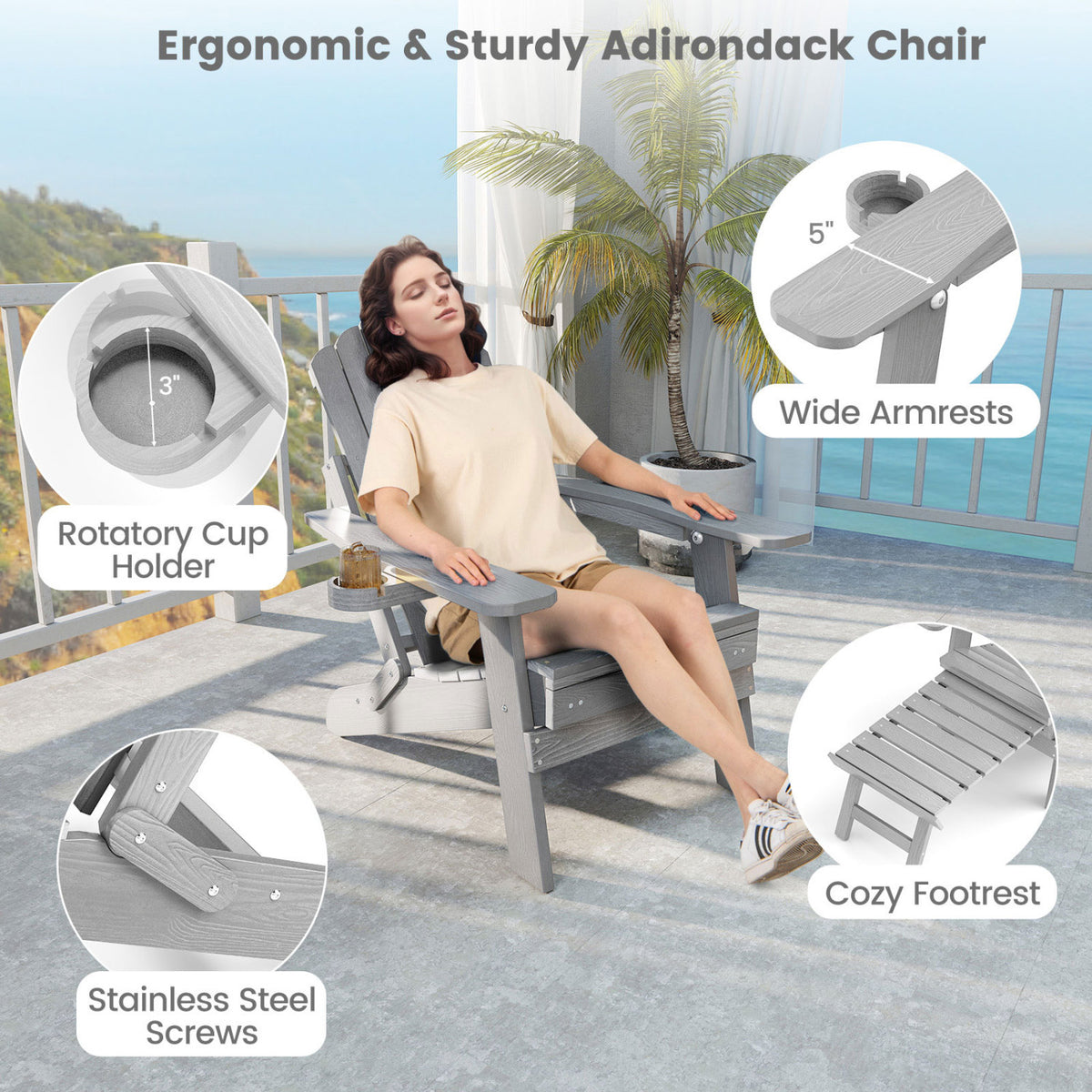 All-Weather HIPS Patio Adirondack Lounge Chair with Retractable Footrest