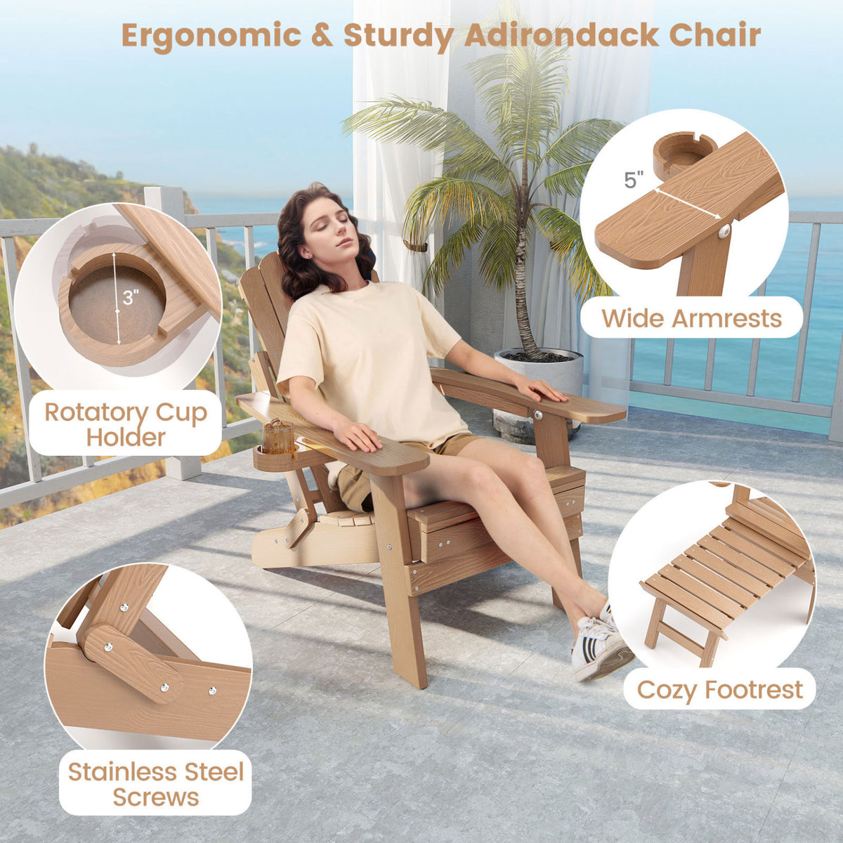 All-Weather HIPS Patio Adirondack Lounge Chair with Retractable Footrest