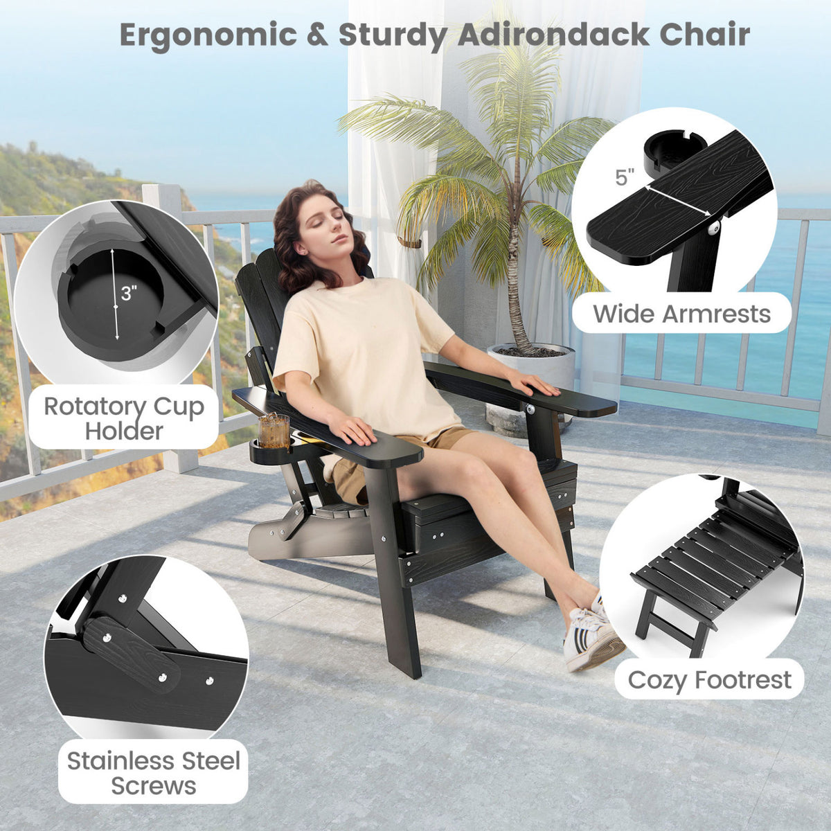 All-Weather HIPS Patio Adirondack Lounge Chair with Retractable Footrest