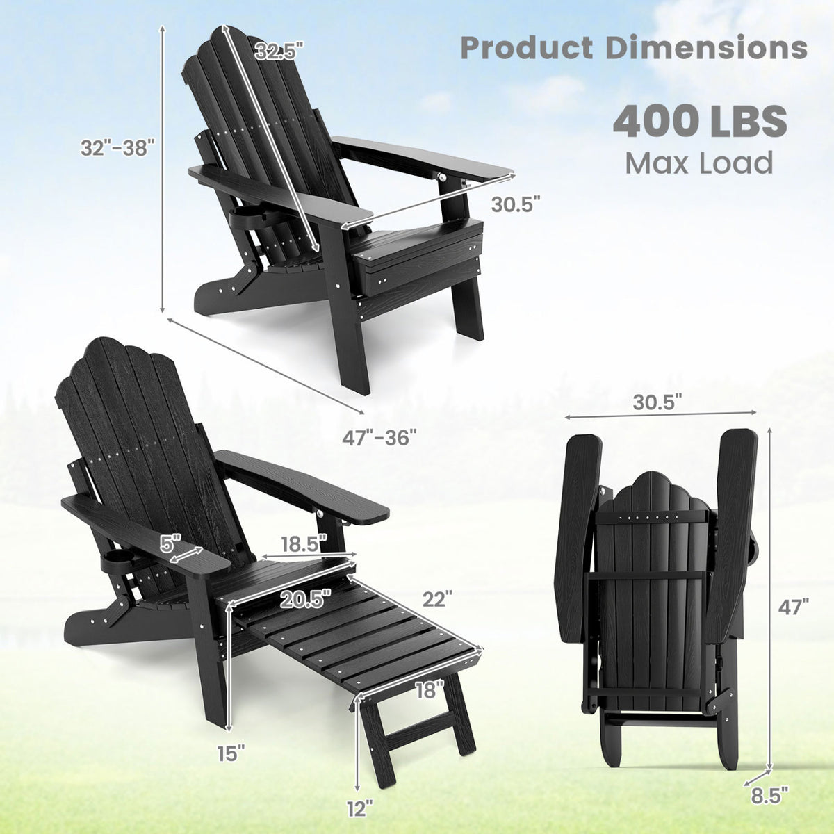 All-Weather HIPS Patio Adirondack Lounge Chair with Retractable Footrest
